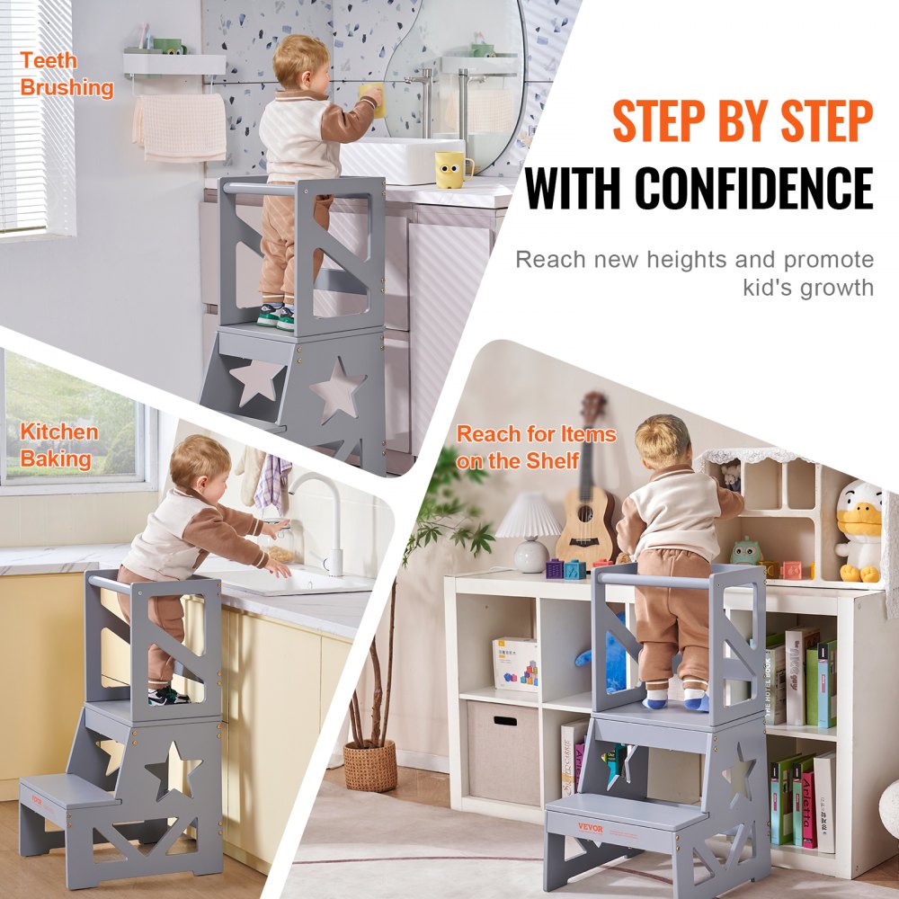 AMITOOLS Toddler Step Stool, Natural Pine Wood Kids Kitchen Stool Helper with Safety Rail, Standing Tower Learning Stool for Bedroom Bathroom Kitchen Counter, 150LBS Loading Capacity, Gray