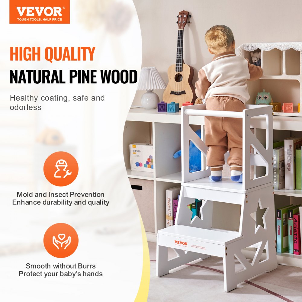 AMITOOLS Toddler Step Stool, Natural Pine Wood Kids Kitchen Stool Helper with Safety Rail, Standing Tower Learning Stool for Bedroom Bathroom Kitchen Counter, 150LBS Loading Capacity, White