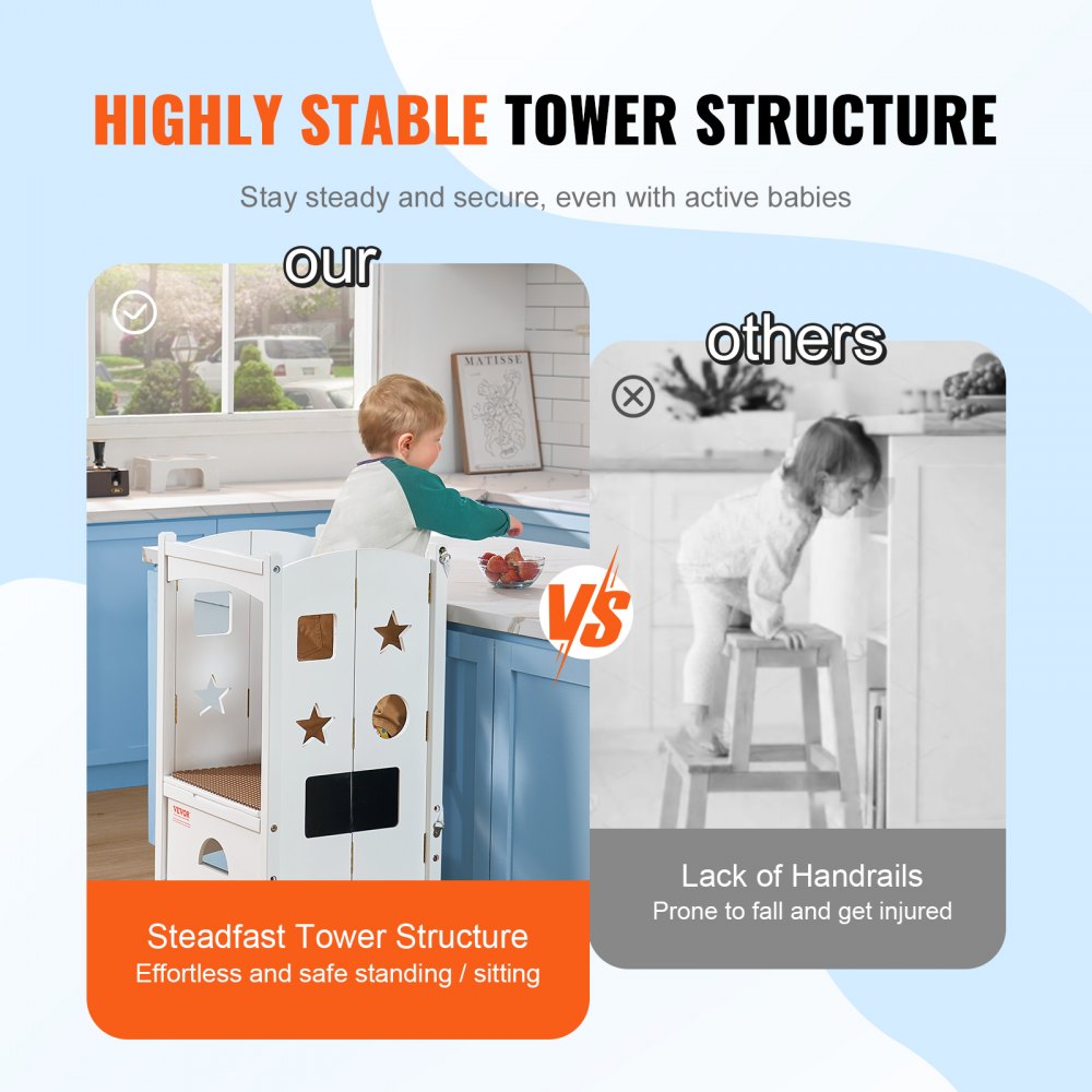 AMITOOLS Tower Step Stool, Foldable Toddler Kitchen Stool Helper, Toddler Step Stool for Kids & 3-Level Adjustable Height, Safety Net, Solid Wood Standing Tower Learning Stool for Bedroom Bathroom, White