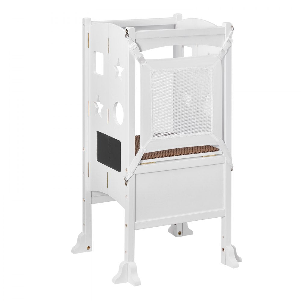 AMITOOLS Tower Step Stool, Foldable Toddler Kitchen Stool Helper, Toddler Step Stool for Kids & 3-Level Adjustable Height, Safety Net, Solid Wood Standing Tower Learning Stool for Bedroom Bathroom, White