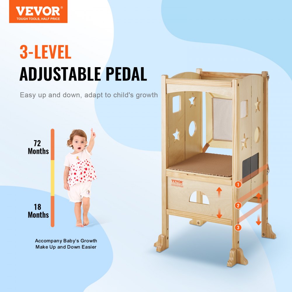 AMITOOLS Tower Step Stool, Foldable Toddler Kitchen Stool Helper, 3-Level Adjustable Height Toddler Step Stools with Safety Net, Solid Wood Kids Standing Tower Learning Stool for Kitchen Bedroom Bathroom