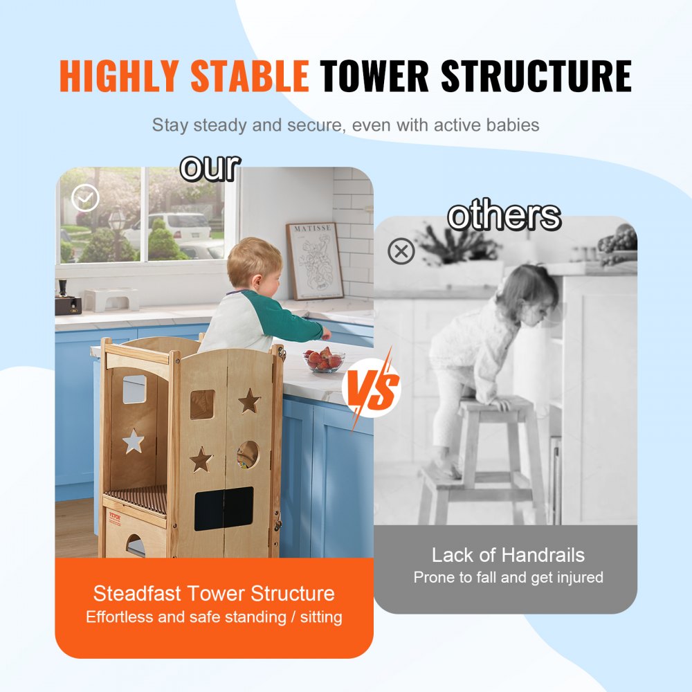 AMITOOLS Tower Step Stool, Foldable Toddler Kitchen Stool Helper, 3-Level Adjustable Height Toddler Step Stools with Safety Net, Solid Wood Kids Standing Tower Learning Stool for Kitchen Bedroom Bathroom