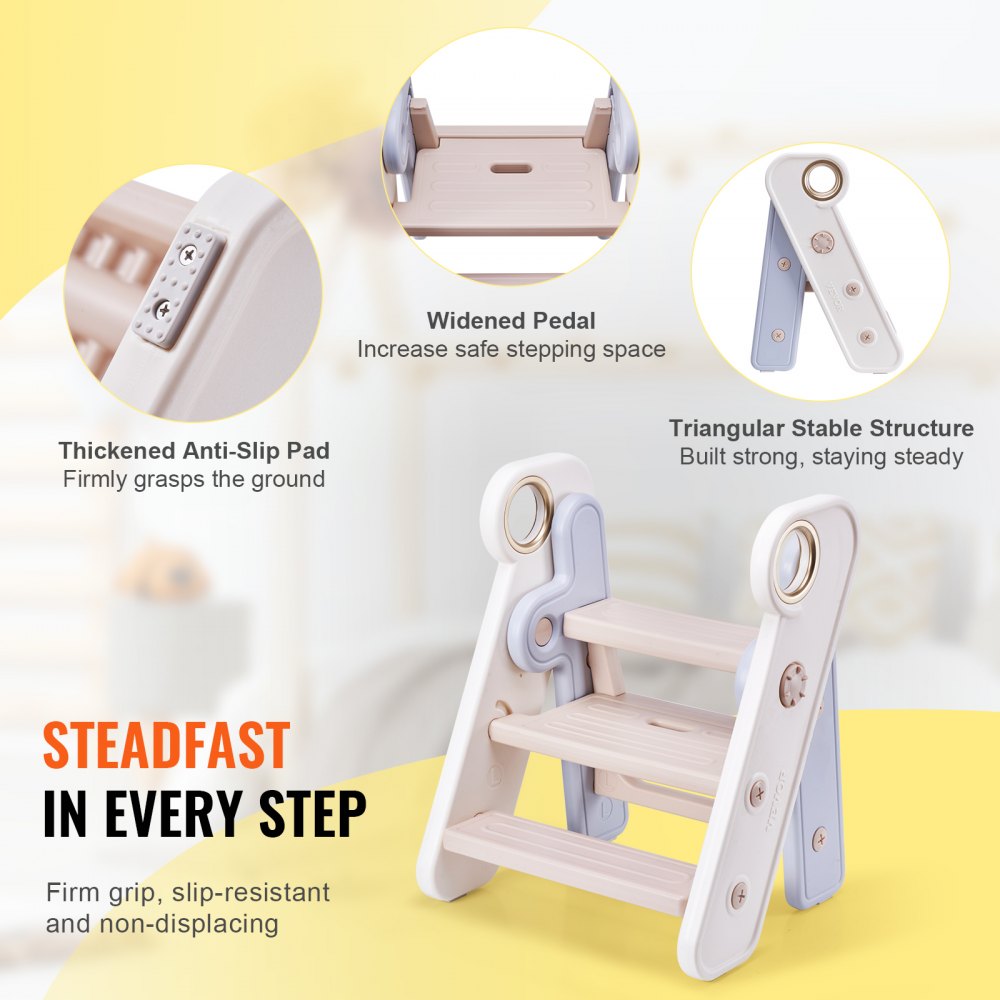 AMITOOLS Toddler Step Stool, Adjustable 3 Step to 2-Step Kitchen Stool Helper for Kids, Foldable Plastic Standing Tower Leaning Stool with Handles for Kitchen, Toilet Potty Training, Bathroom (Gray)