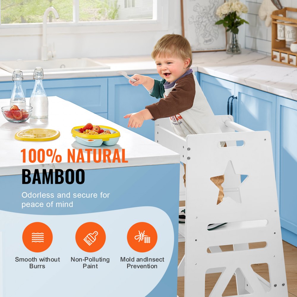 AMITOOLS Tower Step Stool, 3-Level Height Adjustable Toddler Step Stools for Kids, Kitchen Stool Helper, Bamboo Standing Tower Learning Stool with Safety Rail for Kitchen Counter Bathroom, 350LBS, White