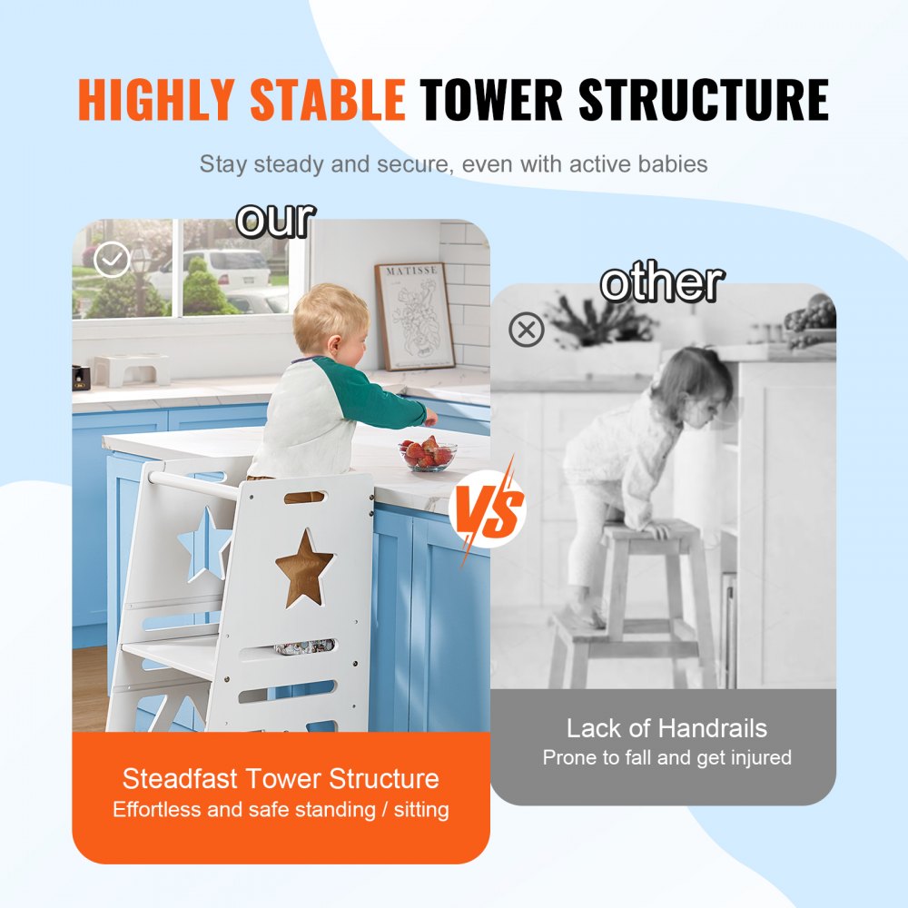 AMITOOLS Tower Step Stool, 3-Level Height Adjustable Toddler Step Stools for Kids, Kitchen Stool Helper, Bamboo Standing Tower Learning Stool with Safety Rail for Kitchen Counter Bathroom, 350LBS, White