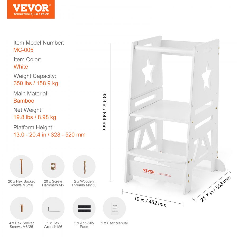 AMITOOLS Tower Step Stool, 3-Level Height Adjustable Toddler Step Stools for Kids, Kitchen Stool Helper, Bamboo Standing Tower Learning Stool with Safety Rail for Kitchen Counter Bathroom, 350LBS, White