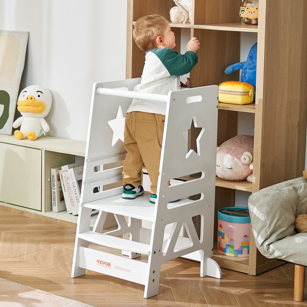 AMITOOLS Tower Step Stool, 3-Level Height Adjustable Toddler Step Stools for Kids, Kitchen Stool Helper, Bamboo Standing Tower Learning Stool with Safety Rail for Kitchen Counter Bathroom, 350LBS, White