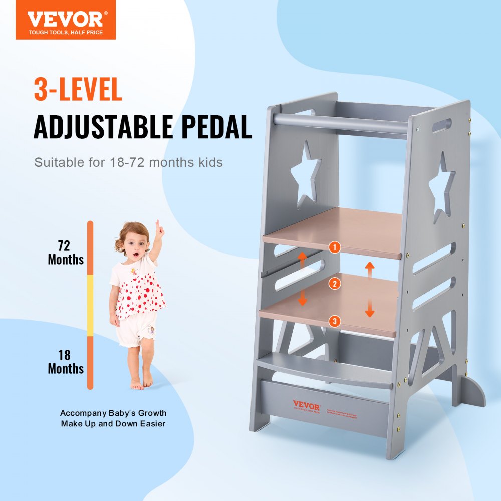 AMITOOLS Tower Step Stool, 3-Level Height Adjustable Toddler Step Stools for Kids, Kitchen Stool Helper, Bamboo Standing Tower Learning Stool with Safety Rail for Kitchen Counter Bathroom, 350LBS, Gray