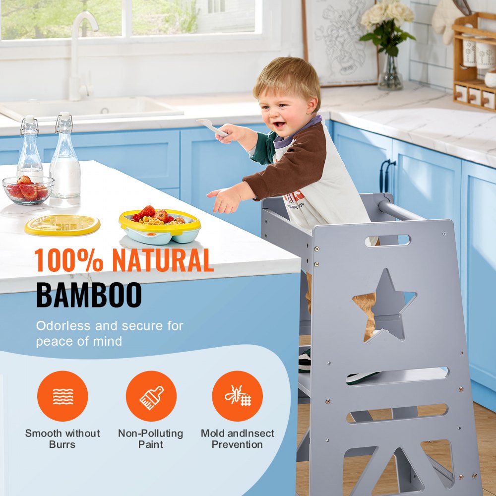 AMITOOLS Tower Step Stool, 3-Level Height Adjustable Toddler Step Stools for Kids, Kitchen Stool Helper, Bamboo Standing Tower Learning Stool with Safety Rail for Kitchen Counter Bathroom, 350LBS, Gray