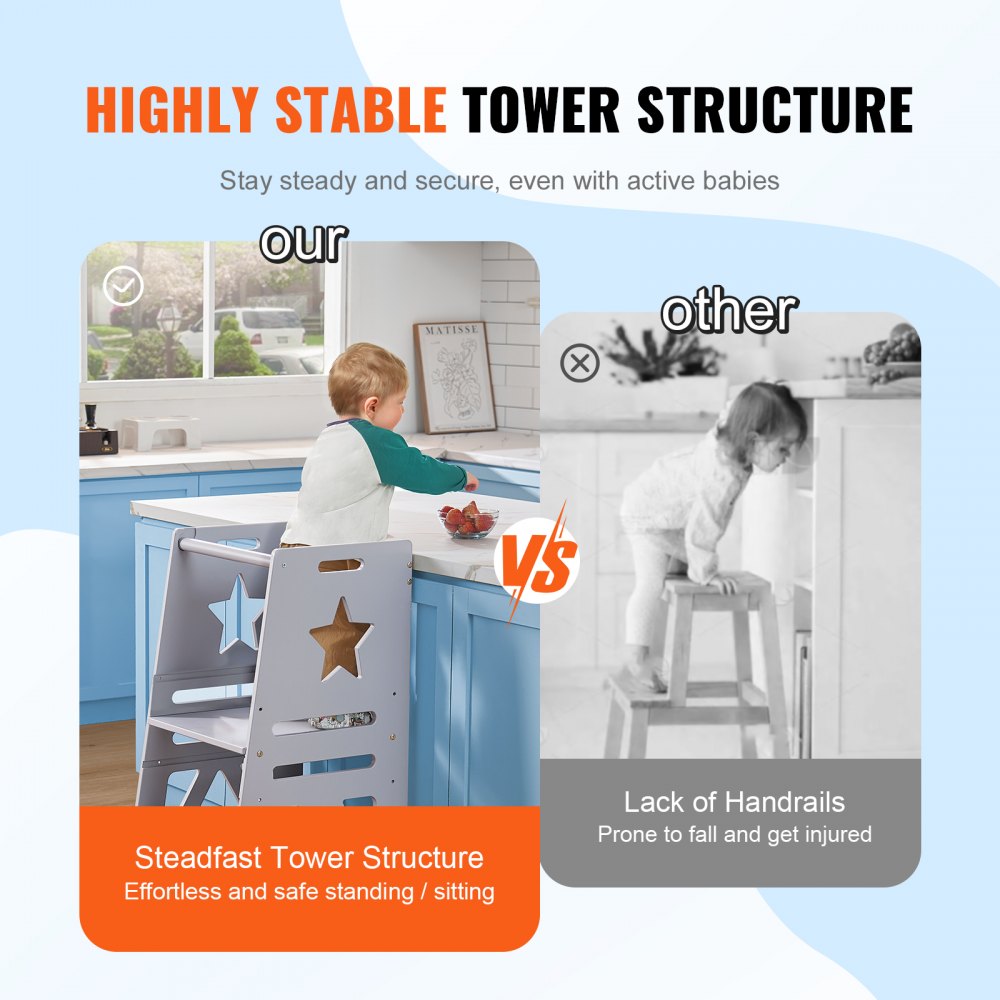 AMITOOLS Tower Step Stool, 3-Level Height Adjustable Toddler Step Stools for Kids, Kitchen Stool Helper, Bamboo Standing Tower Learning Stool with Safety Rail for Kitchen Counter Bathroom, 350LBS, Gray