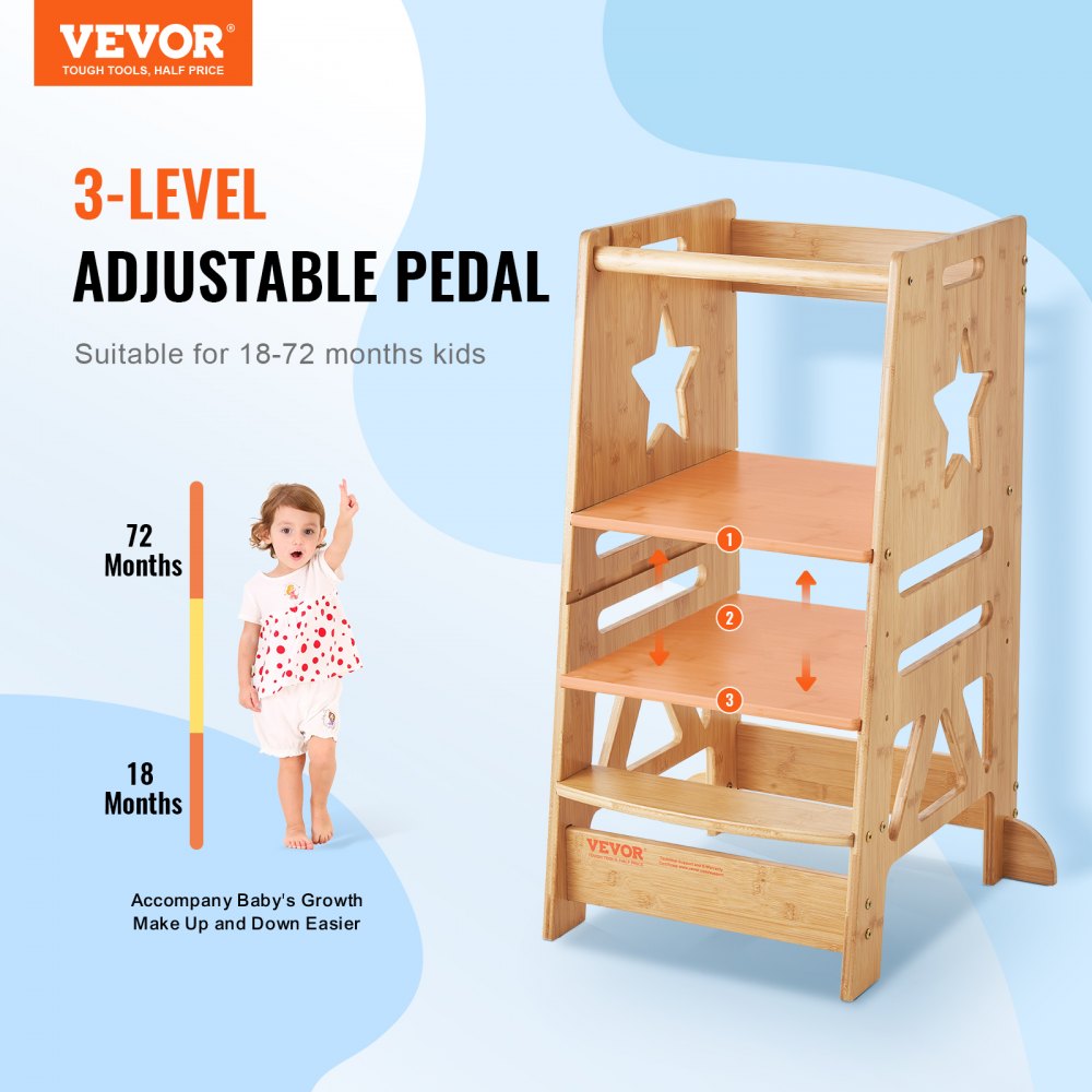 AMITOOLS Tower Step Stool, 3-Level Height Adjustable Toddler Step Stools for Kids, Kitchen Stool Helper, Bamboo Kids Standing Tower Learning Stool with Safety Rail for Kitchen Counter Bathroom, 350LBS