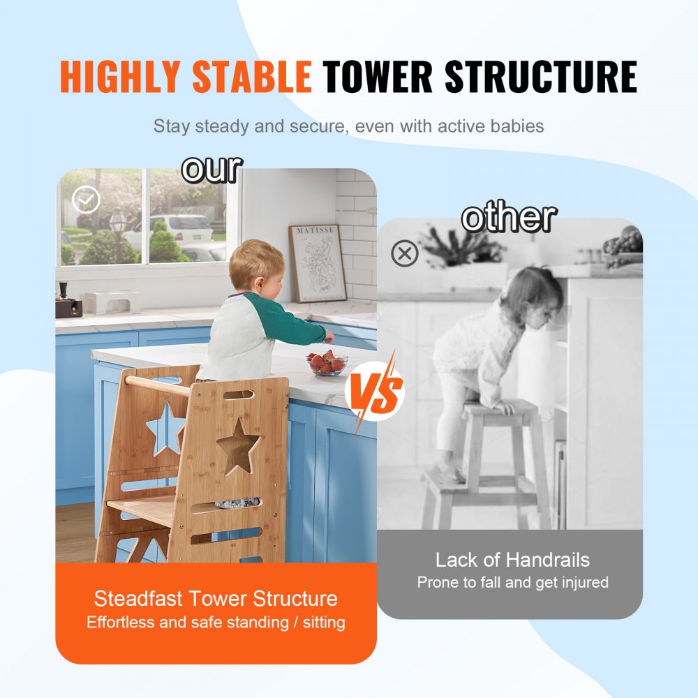 AMITOOLS Tower Step Stool, 3-Level Height Adjustable Toddler Step Stools for Kids, Kitchen Stool Helper, Bamboo Kids Standing Tower Learning Stool with Safety Rail for Kitchen Counter Bathroom, 350LBS