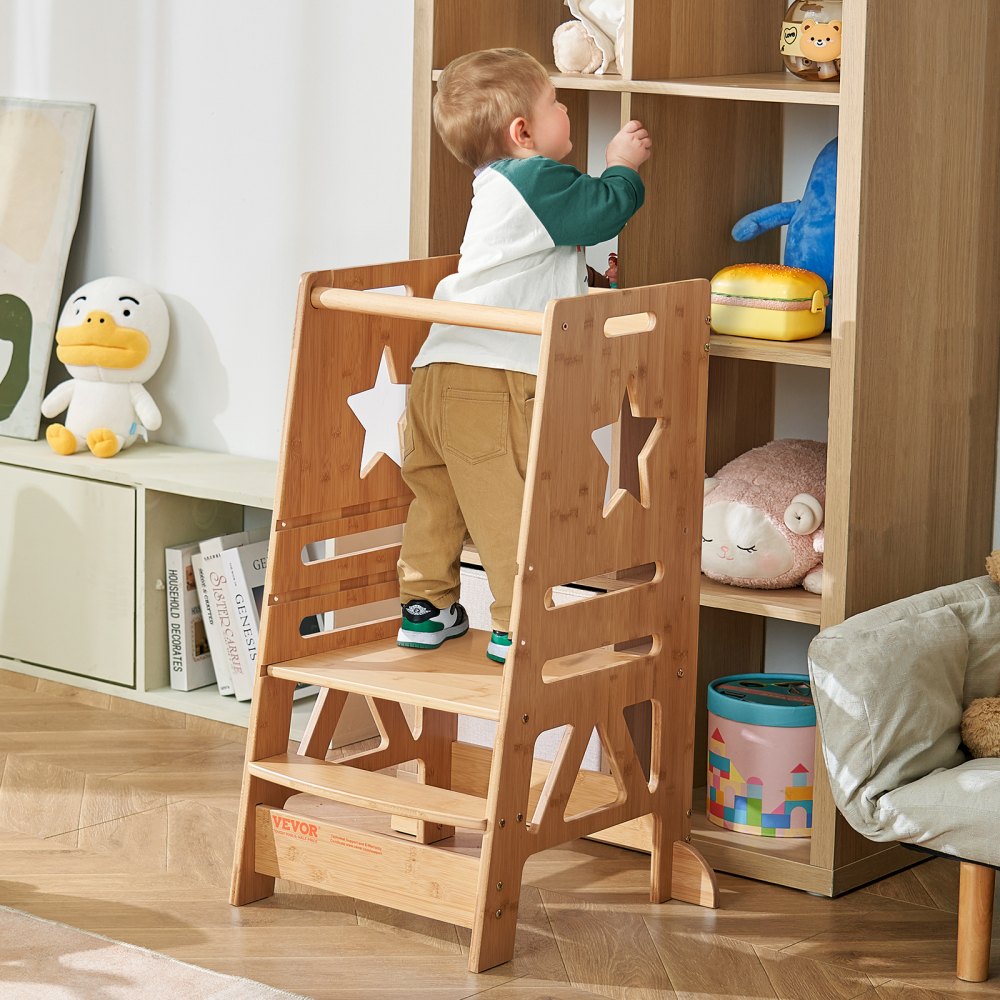 AMITOOLS Tower Step Stool, 3-Level Height Adjustable Toddler Step Stools for Kids, Kitchen Stool Helper, Bamboo Kids Standing Tower Learning Stool with Safety Rail for Kitchen Counter Bathroom, 350LBS