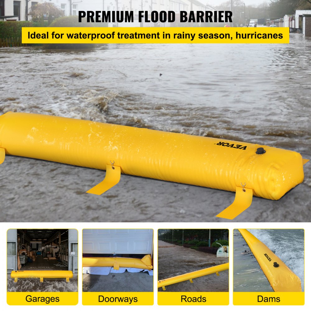 AMITOOLS Flood Bag, 24 ft Length x 12 in Height, Reusable PVC Water Diversion Tubes, Lightweight with Excellent Waterproof Effect Used for Doorways, Garages, Yellow