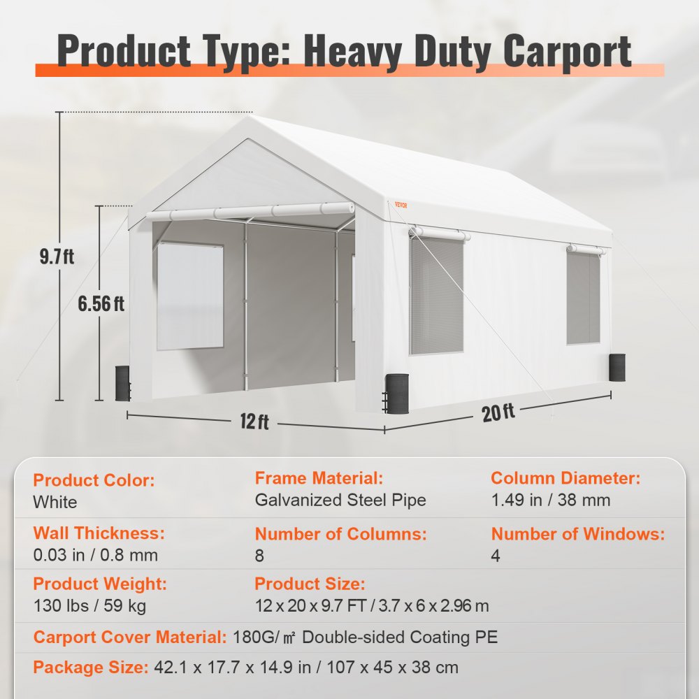 AMITOOLS Carport, Heavy Duty 10x20ft Car Canopy, Outdoor Garage Shelter with Removable Sidewalls, Roll-up Ventilated Windows & Doors, UV Resistant Waterproof All-Season Tarp for Car, Truck, Boat, White