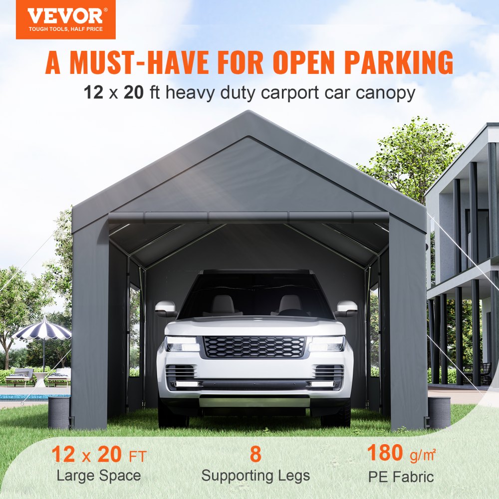 AMITOOLS Carport, Heavy Duty 12x20ft Car Canopy, Outdoor Garage Shelter with Removable Sidewalls, Roll-up Ventilated Windows & Door, UV Resistant Tarp for Car, Truck, Boat, Darkgray