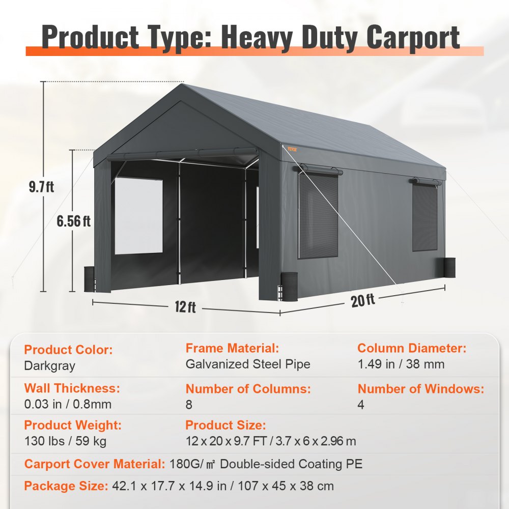 AMITOOLS Carport, Heavy Duty 12x20ft Car Canopy, Outdoor Garage Shelter with Removable Sidewalls, Roll-up Ventilated Windows & Door, UV Resistant Tarp for Car, Truck, Boat, Darkgray