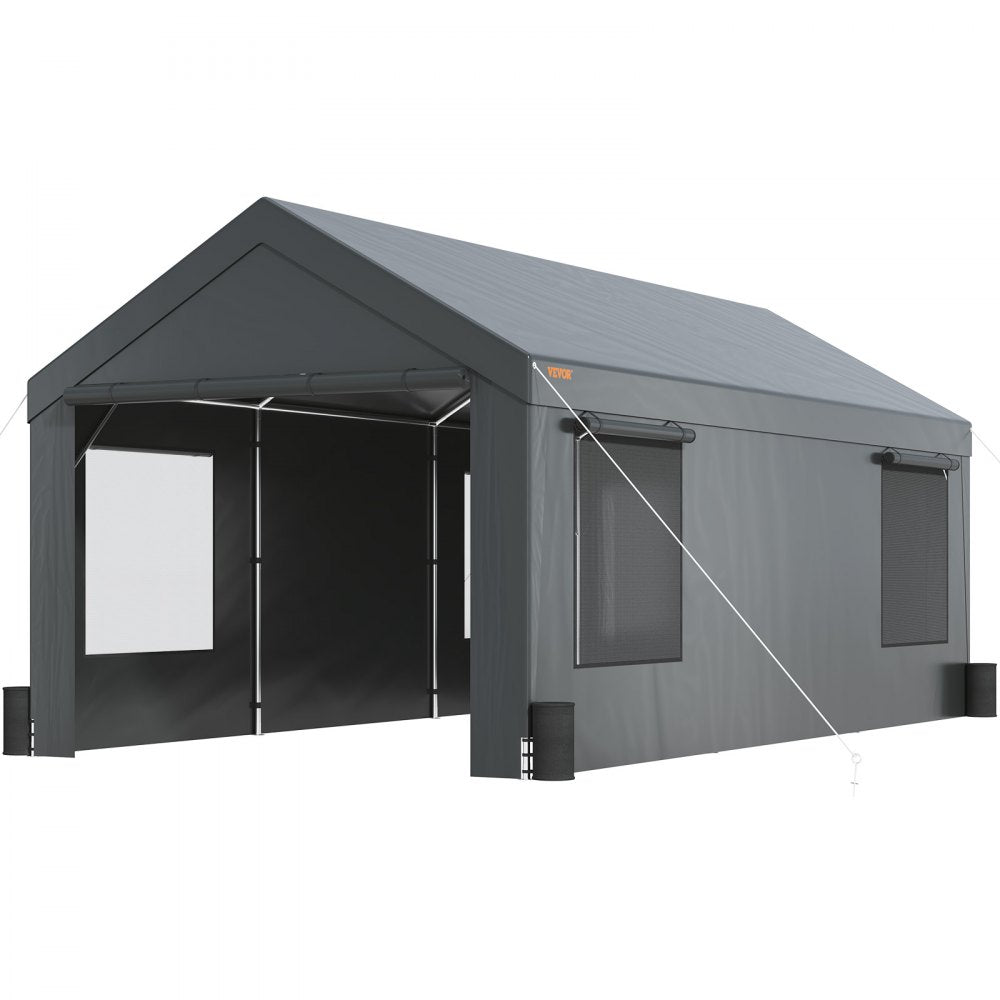 AMITOOLS Carport, Heavy Duty 12x20ft Car Canopy, Outdoor Garage Shelter with Removable Sidewalls, Roll-up Ventilated Windows & Door, UV Resistant Tarp for Car, Truck, Boat, Darkgray