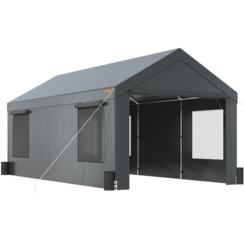 AMITOOLS Carport, Heavy Duty 12x20ft Car Canopy, Outdoor Garage Shelter with Removable Sidewalls, Roll-up Ventilated Windows & Door, UV Resistant Tarp for Car, Truck, Boat, Darkgray