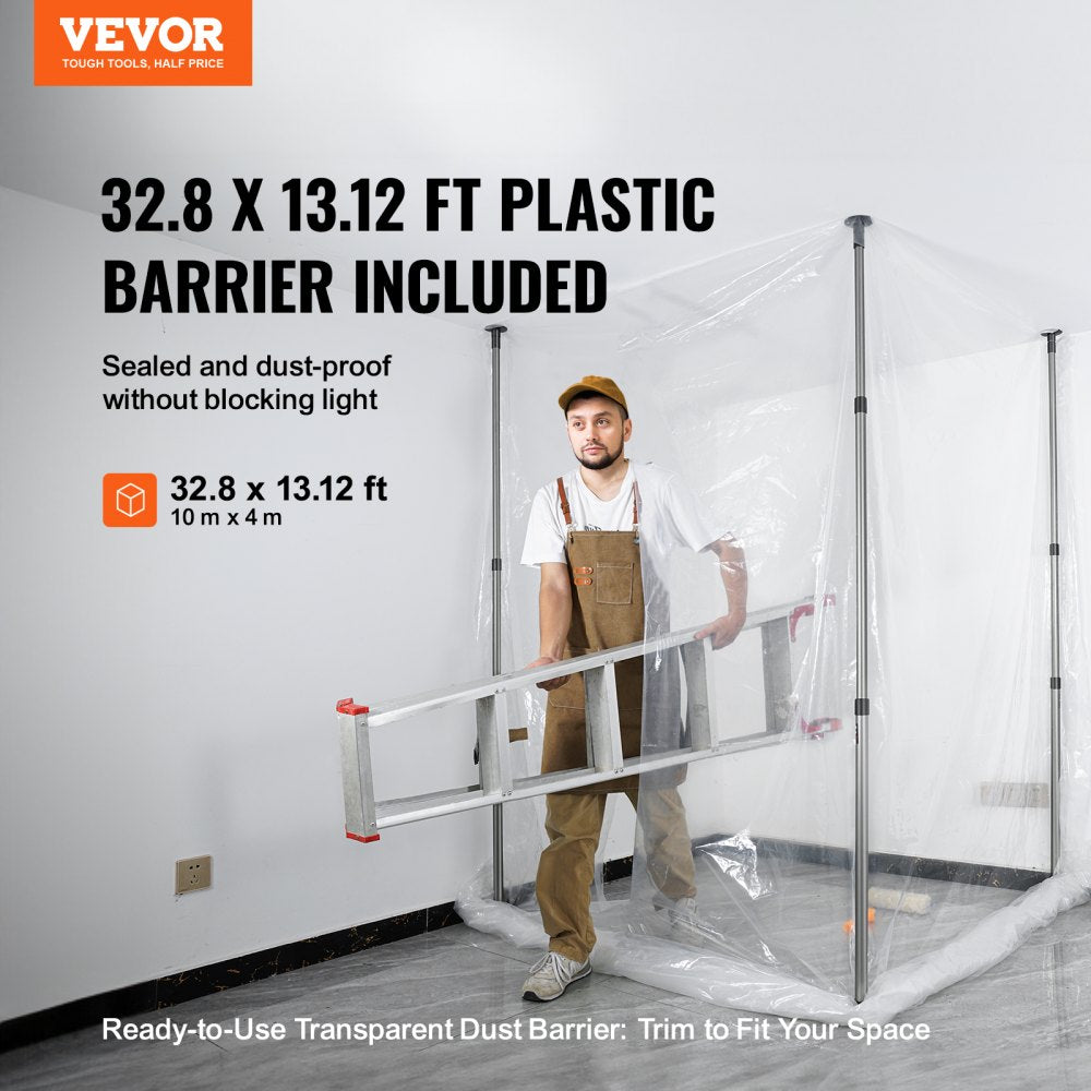 AMITOOLS Dust Barrier Poles, Carry Bag, 10 Ft Poles with 4 Telescoping Poles, and 32.8x13.12 Ft Plastic Film, for Interior Decoration and Painting Projects