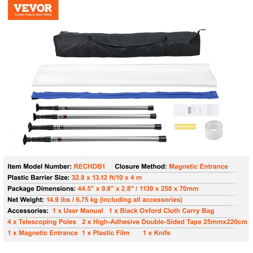 AMITOOLS Dust Barrier Poles, 10 Ft Barrier Poles, Dust Barrier System with 4 Telescoping Poles, Carry Bag and 32.8x13.12 Ft Plastic Film, for Interior Decoration, Painting