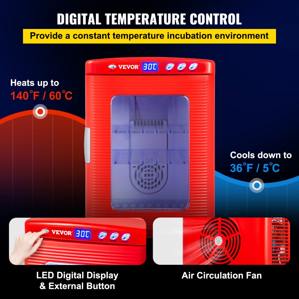 AMITOOLS Red Reptile Incubator 25L Scientific Lab Incubator Digital Incubator Cooling and Heating 5-60°C Reptile Egg Incubator 12V/110V Work for Small Reptiles