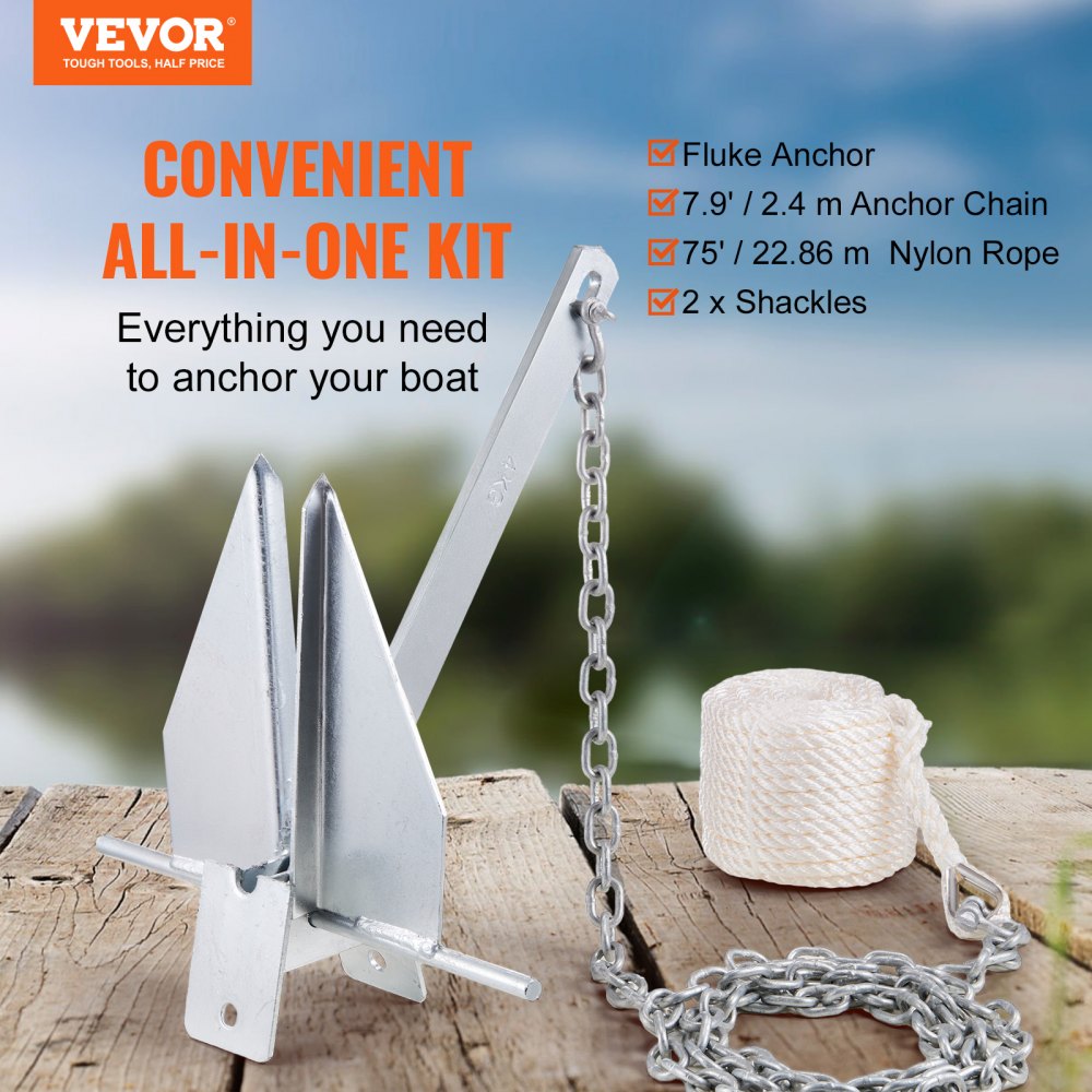 AMITOOLS Fluke Style Anchor Kit, 8.5 LBS Hot-Dipped Galvanized Steel Fluke Anchor with 7.9' Chain, 75' Rope and Two 0.4