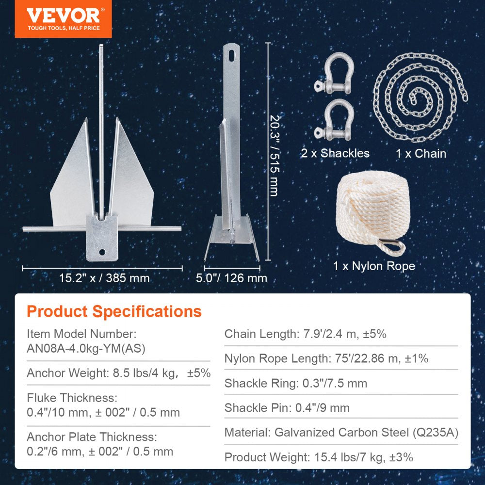 AMITOOLS Fluke Style Anchor Kit, 8.5 LBS Hot-Dipped Galvanized Steel Fluke Anchor with 7.9' Chain, 75' Rope and Two 0.4