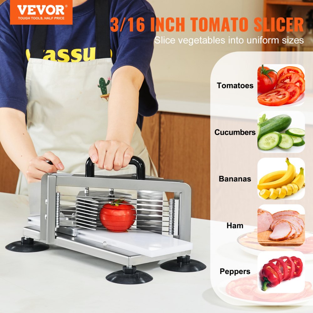 AMITOOLS Commercial Tomato Slicer, 3/16 inch Tomato Cutter Slicer, Stainless Steel Heavy Duty Tomato Slicer Machine, Manual Tomato Slicer with Non-slip Feet, for Cutting Tomatoes, Cucumbers, Bananas