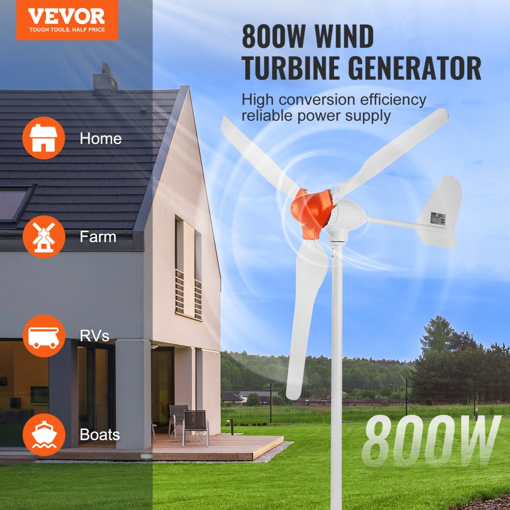 AMITOOLS 800W Wind Turbine Generator, 12V Wind Turbine Kit, 3-Blade Wind Power Generator with MPPT Controller, Adjustable Windward Direction & 2.5m/s Start Wind Speed, Suitable for Home, Farm, RVs, Boats