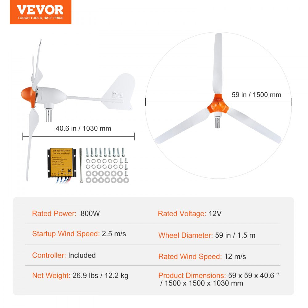 AMITOOLS 800W Wind Turbine Generator, 12V Wind Turbine Kit, 3-Blade Wind Power Generator with MPPT Controller, Adjustable Windward Direction & 2.5m/s Start Wind Speed, Suitable for Home, Farm, RVs, Boats