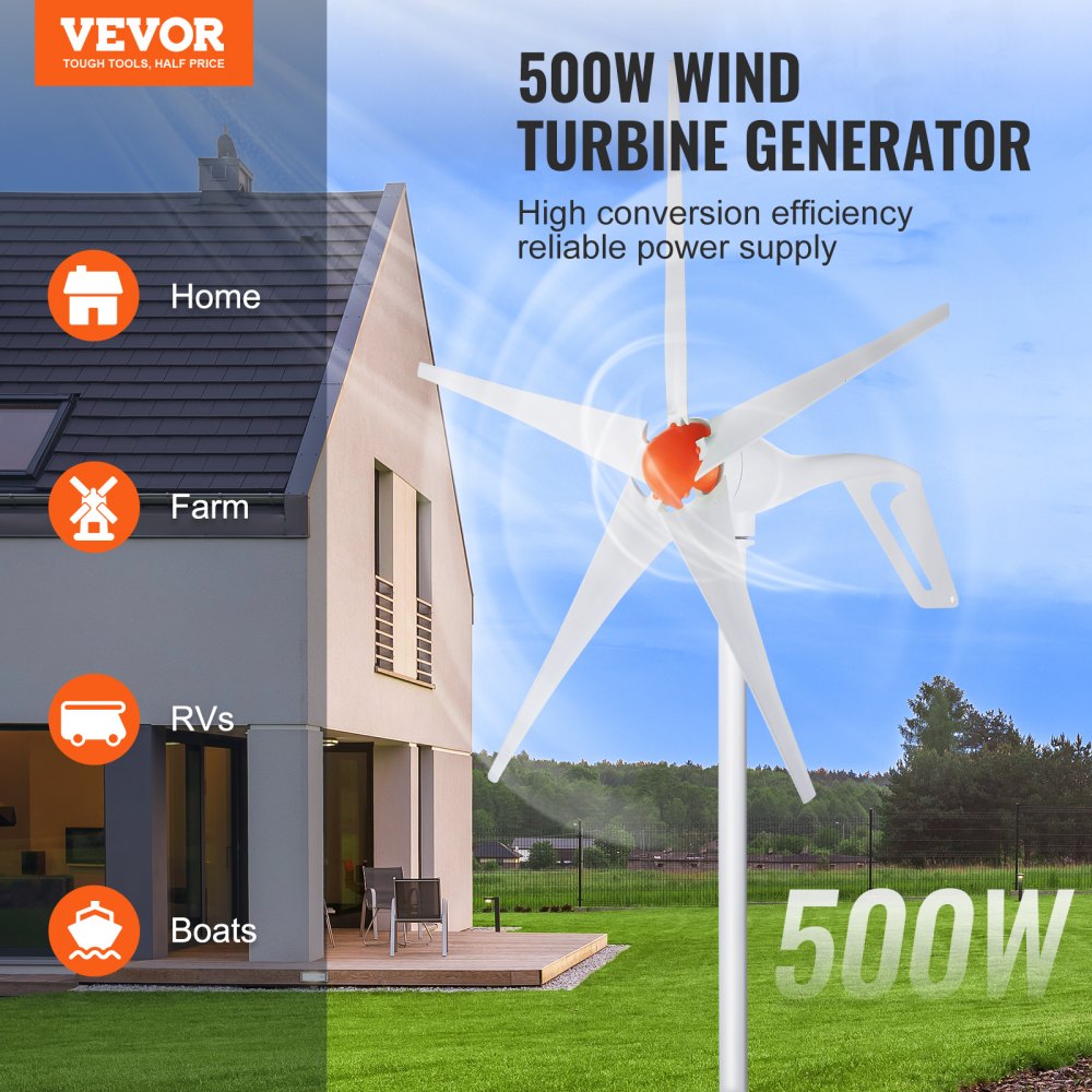 AMITOOLS 500W Wind Turbine Generator, 12V Wind Turbine Kit, 5-Blade Wind Power Generator with MPPT Controller, Adjustable Windward Direction & 2.5m/s Start Wind Speed, Suitable for Home, Farm, RVs, Boats