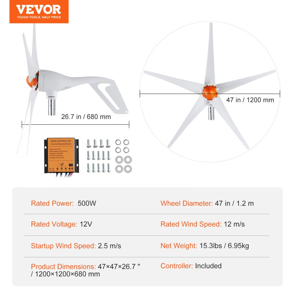 AMITOOLS 500W Wind Turbine Generator, 12V Wind Turbine Kit, 5-Blade Wind Power Generator with MPPT Controller, Adjustable Windward Direction & 2.5m/s Start Wind Speed, Suitable for Home, Farm, RVs, Boats