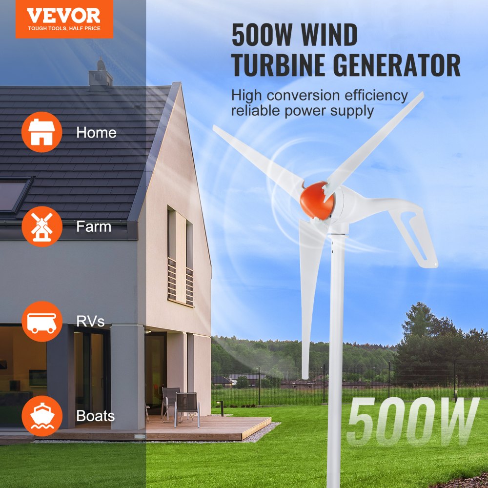 AMITOOLS 500W Wind Turbine Generator, 12V Wind Turbine Kit, 3-Blade Wind Power Generator with MPPT Controller, Adjustable Windward Direction & 2.5m/s Start Wind Speed, Suitable for Home, Farm, RVs, Boats