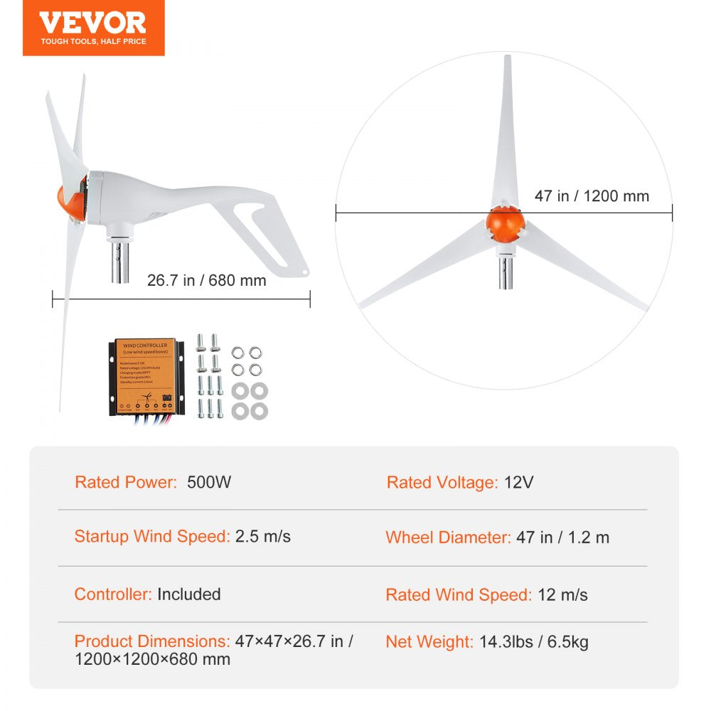 AMITOOLS 500W Wind Turbine Generator, 12V Wind Turbine Kit, 3-Blade Wind Power Generator with MPPT Controller, Adjustable Windward Direction & 2.5m/s Start Wind Speed, Suitable for Home, Farm, RVs, Boats