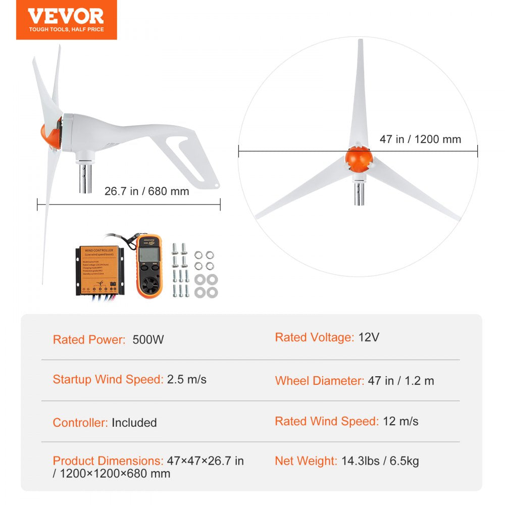 AMITOOLS 500W Wind Turbine Generator with Anemometer, 12V Wind Turbine Kit, 3-Blade Wind Power Generator, MPPT Controller & Adjustable Windward Direction, Suitable for Home, Farm, RVs, Boats