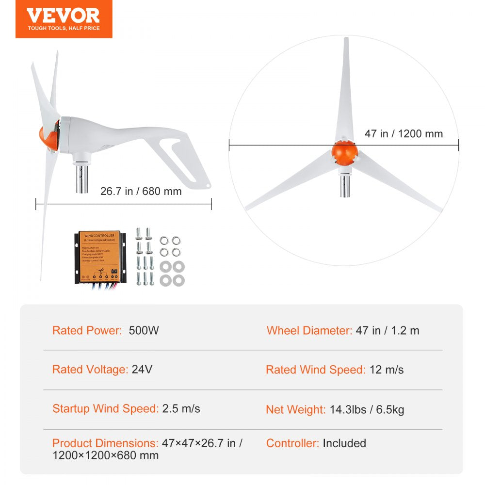 AMITOOLS 500W Wind Turbine Generator, 24V Wind Turbine Kit, 3-Blade Wind Power Generator with MPPT Controller, Adjustable Windward Direction & 2.5m/s Start Wind Speed, Suitable for Home, Farm, RVs, Boats