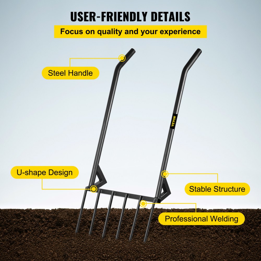 AMITOOLS Broad Fork Tool, 6 Tines 20 in Wide Hand Tiller Broadfork, U-Shape Garden Tool with Fiberglass Handle for Gardening and Cultivating, Aerate Clay Soil for Farm