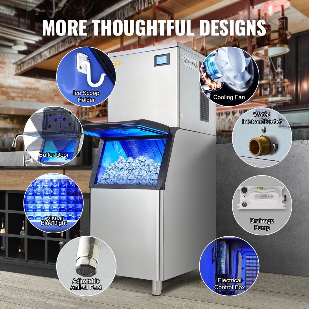 AMITOOLS Commercial Ice Maker, 550LBS/24H Ice Making Machine with 330.7LBS Large Storage Bin, 1000W Auto Self-Cleaning Ice Maker Machine ith 3.5-inch LED Screen for Business Bar Cafe Restaurant