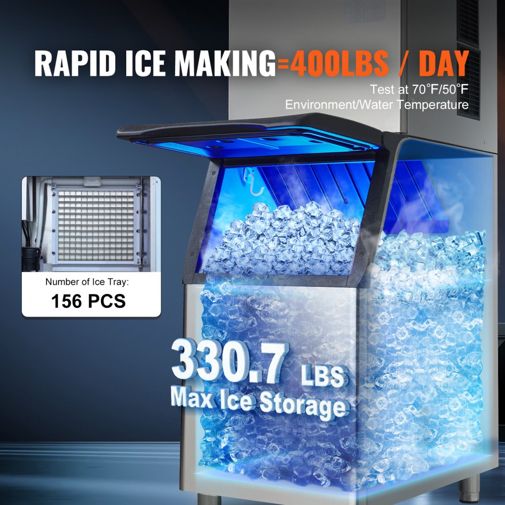 AMITOOLS Commercial Ice Maker, 400LBS/24H Ice Making Machine with 330.7LBS Large Storage Bin, 800W Auto Self-Cleaning Ice Maker Machine with 3.5-inch LED Screen for Business Bar Cafe Restaurant