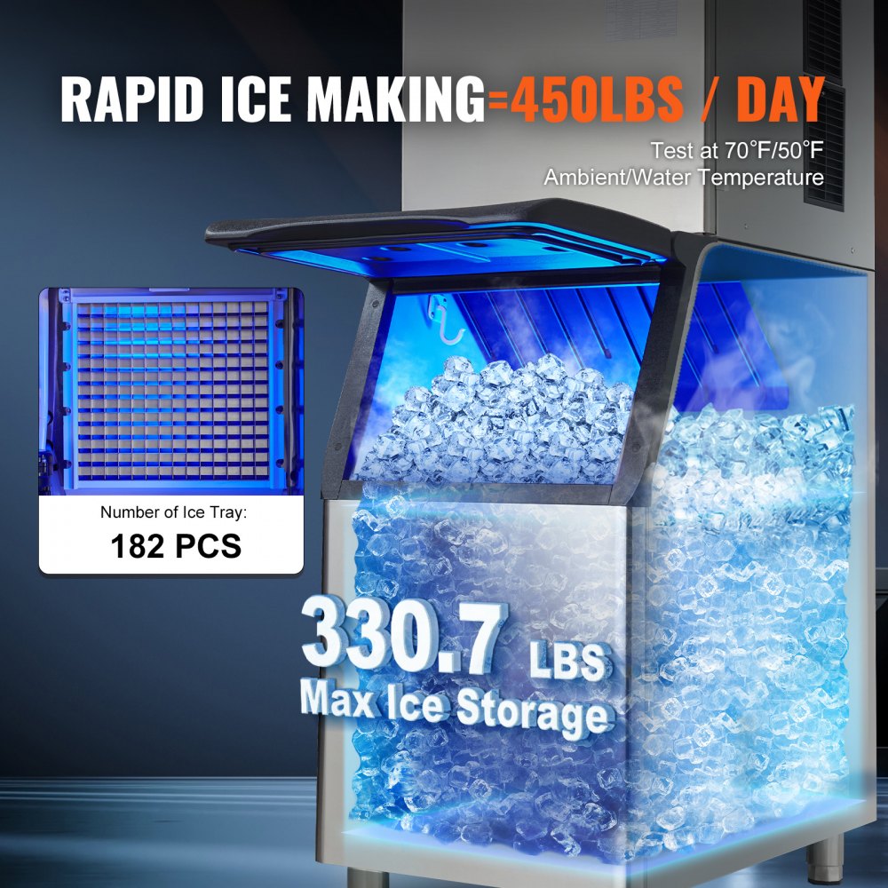 AMITOOLS Commercial Ice Maker, 450LBS/24H Ice Making Machine with 330.7LBS Large Storage Bin, 1000W Auto Self-Cleaning Ice Maker Machine with 3.5-inch LED Panel for Bar Cafe Restaurant Business