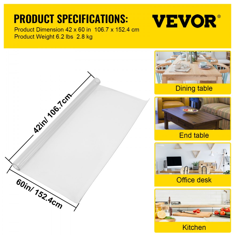 AMITOOLS Plastic Table Cover 42 x 60 Inch, 1.5 mm Thick Clear Table Protector, Rectangle Clear Desk Mat, Waterproof & Easy Cleaning for Office Dresser Night Stand