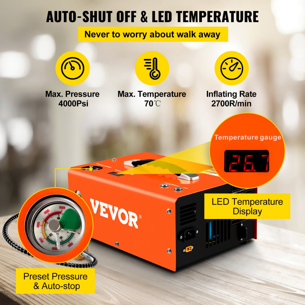 AMITOOLS PCP Air Compressor, 4000PSI Portable PCP Compressor, 24V DC 110V/220V AC PCP Airgun Compressor Auto-stop, w/Built-in Adapter, Fan Cooling, Suitable for Paintball, Air Rifle, Mini Diving Bottle