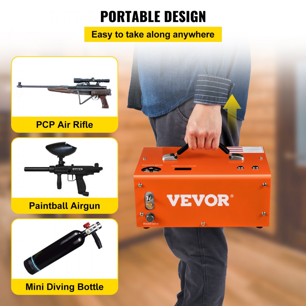 AMITOOLS PCP Air Compressor, 4000PSI Portable PCP Compressor, 24V DC 110V/220V AC PCP Airgun Compressor Auto-stop, w/Built-in Adapter, Fan Cooling, Suitable for Paintball, Air Rifle, Mini Diving Bottle