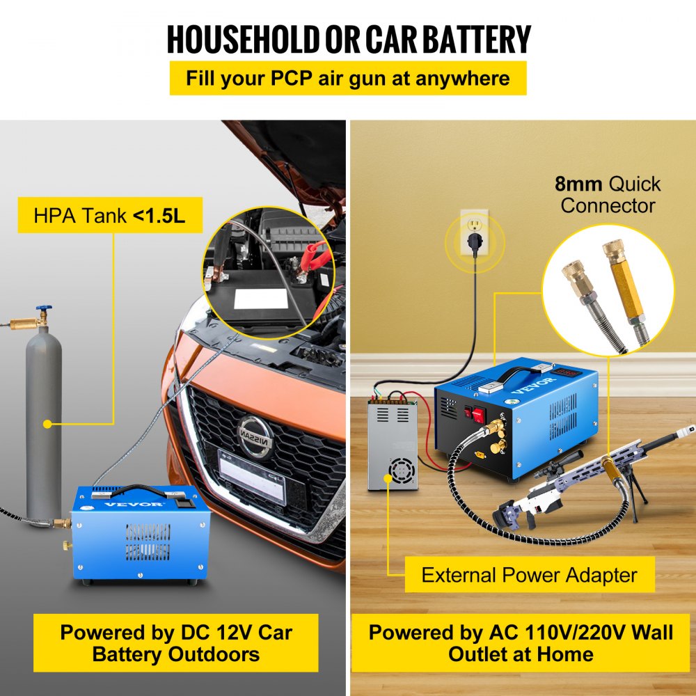 AMITOOLS PCP Air Compressor, 4500PSI Portable PCP Compressor, 12V DC/110V AC PCP Airgun Compressor Manual-stop, w/External Power Adapter, Built-in Fan, Suitable for Paintball, Air Rifle, Scuba Bottle