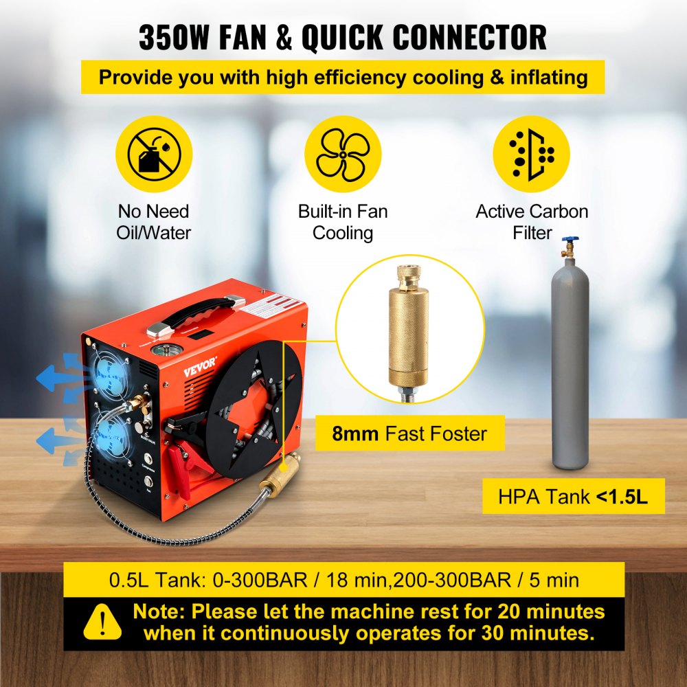 AMITOOLS PCP Air Compressor, Auto-stop Powered by DC 12V Car or Home AC 110V/220V, 4500Psi/30Mpa/300Bar w/Built-in Water/Oil Adapter & Cooling Fan for Paintball, Scuba, Air Rifle