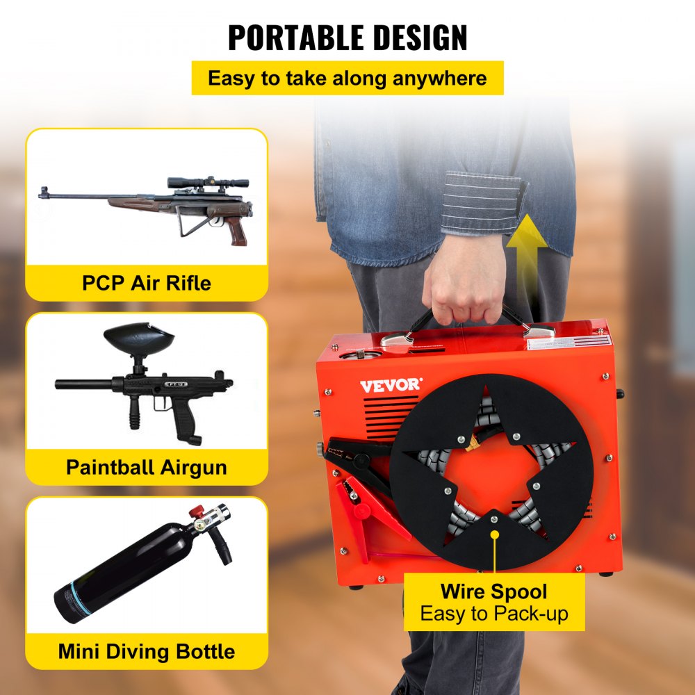 AMITOOLS PCP Air Compressor, Auto-stop Powered by DC 12V Car or Home AC 110V/220V, 4500Psi/30Mpa/300Bar w/Built-in Water/Oil Adapter & Cooling Fan for Paintball, Scuba, Air Rifle