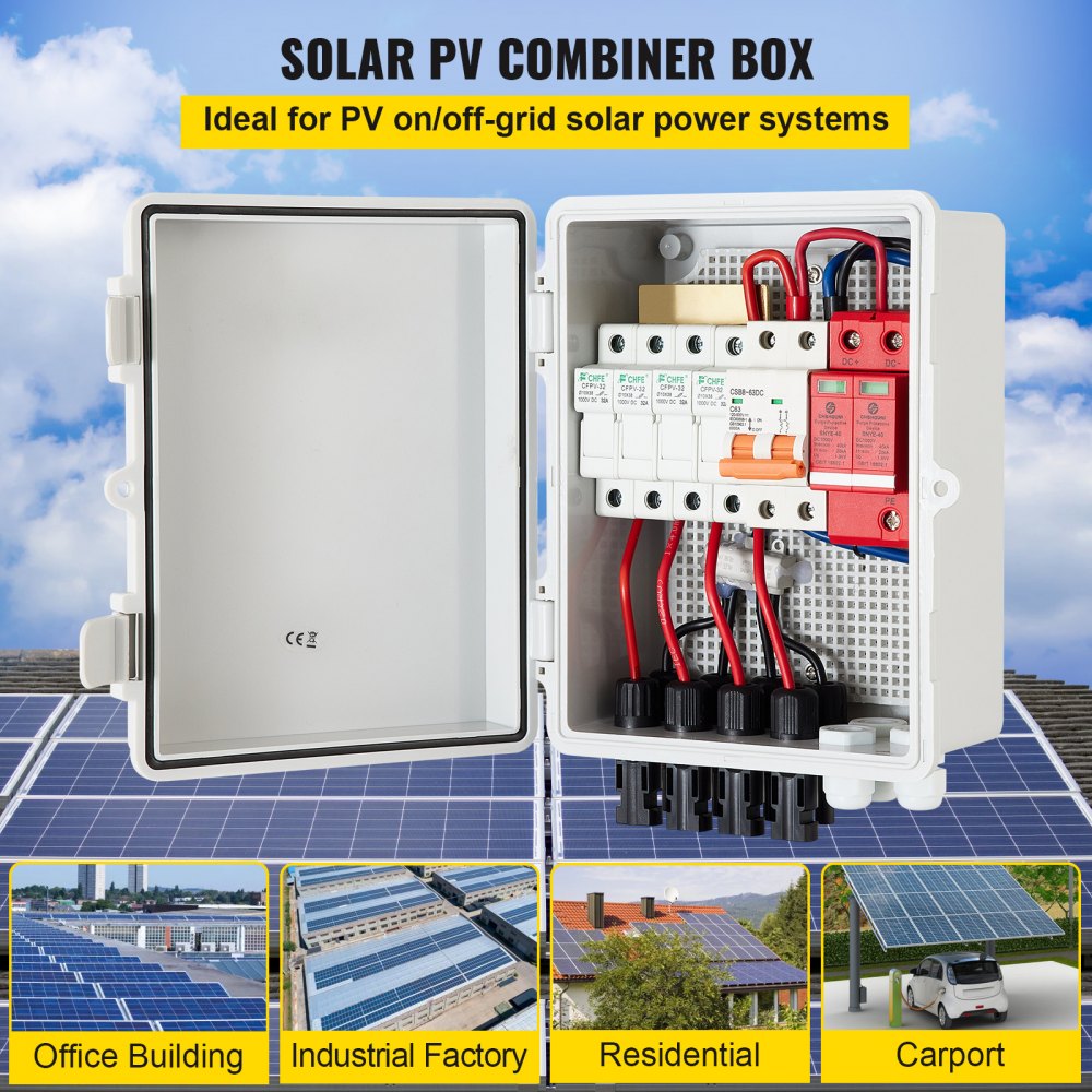 AMITOOLS PV Combiner Box, 4 String with 15A Rated Current Fuse, 63A Circuit Breaker, Lightning Arreste Connector for On/Off Grid Solar Panel System, IP65