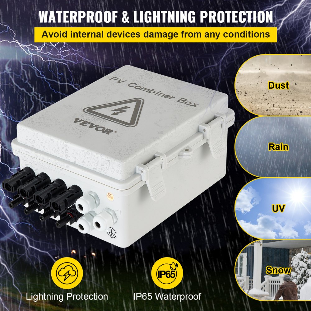 AMITOOLS PV Combiner Box, 4 String with 15A Rated Current Fuse, 63A Circuit Breaker, Lightning Arreste Connector for On/Off Grid Solar Panel System, IP65