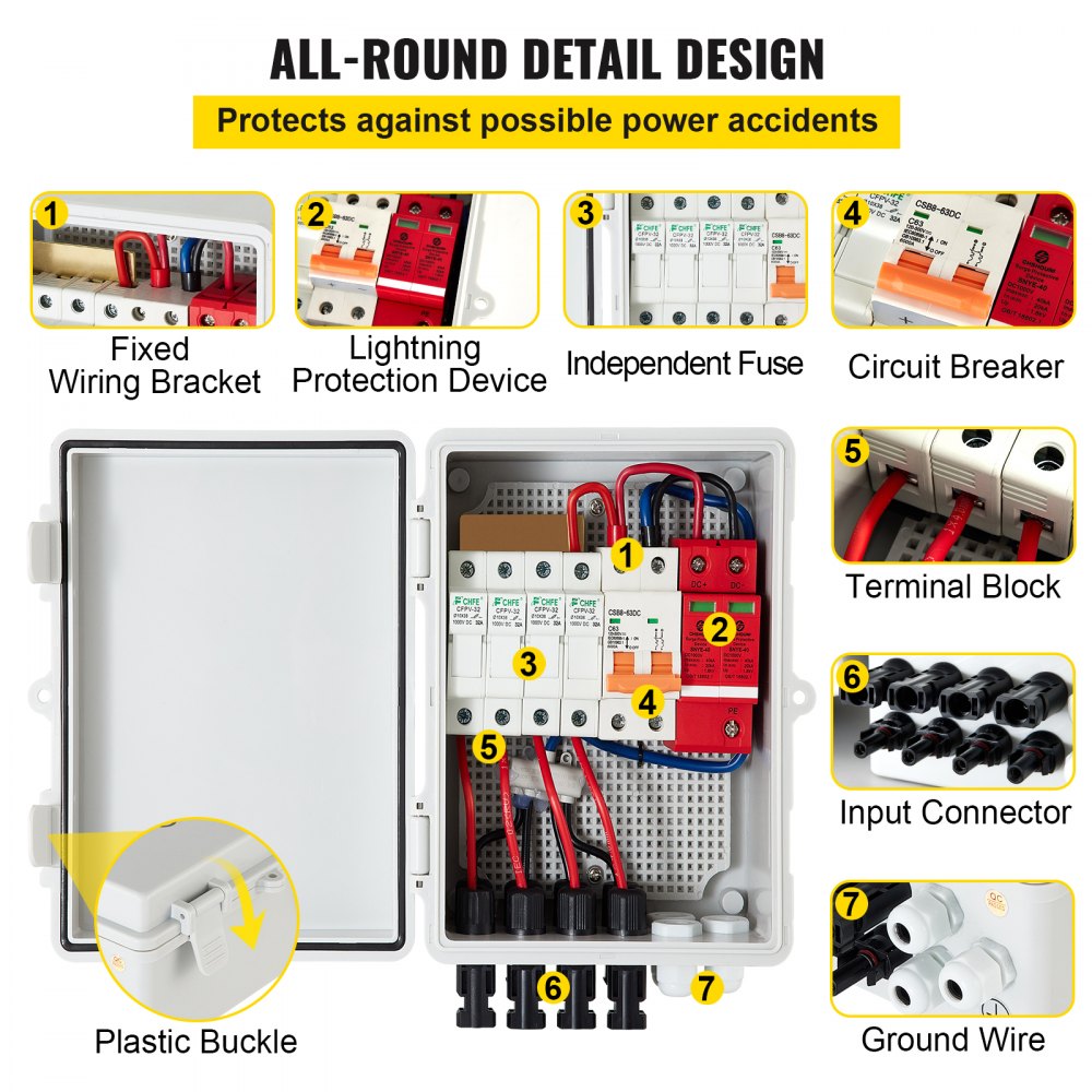 AMITOOLS PV Combiner Box, 4 String with 15A Rated Current Fuse, 63A Circuit Breaker, Lightning Arreste Connector for On/Off Grid Solar Panel System, IP65